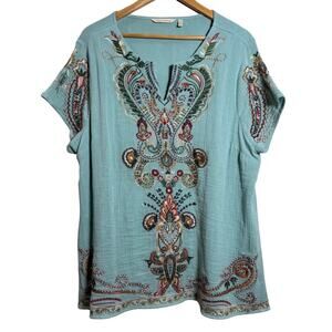 Soft Surroundings Belcaro Embroidered Tunic Petite XL Boho Top Teal